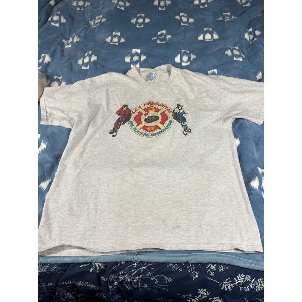 Vintage Hanes Beefy-T NHL Firefighters Benefit Hockey Shirt Gray XL USA Made